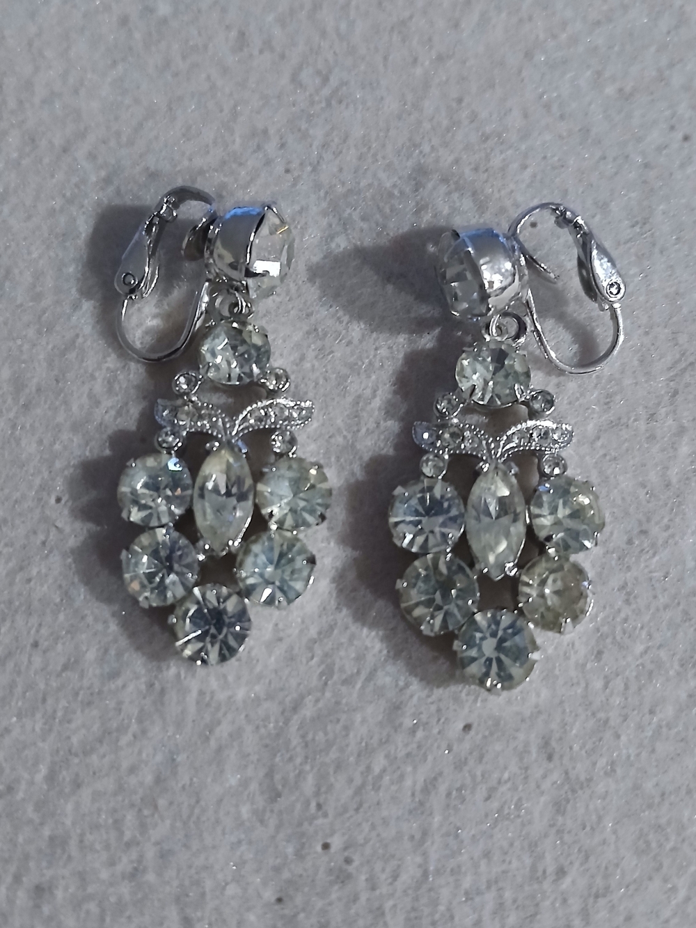195- Silver-Tone Clear Crystal Drop Clip-On Earrings